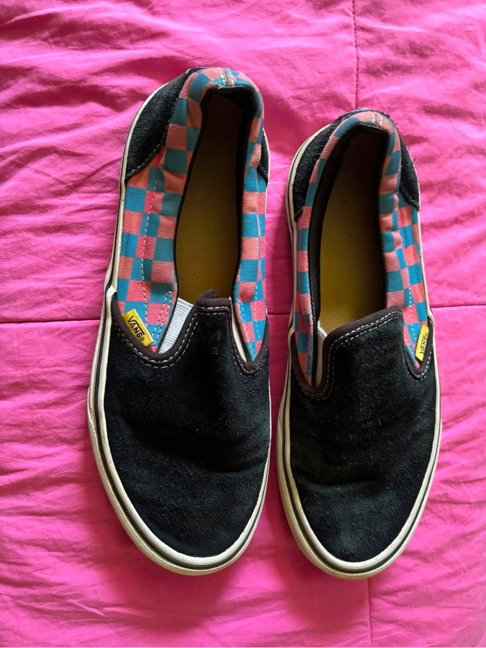 Vans Slip-On Sneakers - Black with Pink & Teal Checkerboard